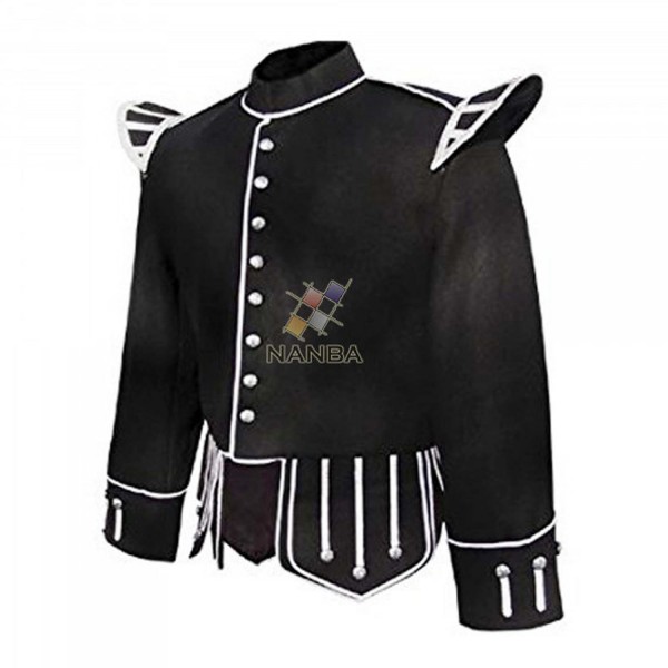 Prince Charlie Jacket | Fancy Black With Silver Braid & White Piping
