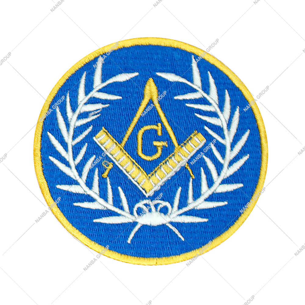 Photo-07 Wreathed Square & Compass Round Embroidered Masonic Patch Blue,White & Gold 3” Diameter
