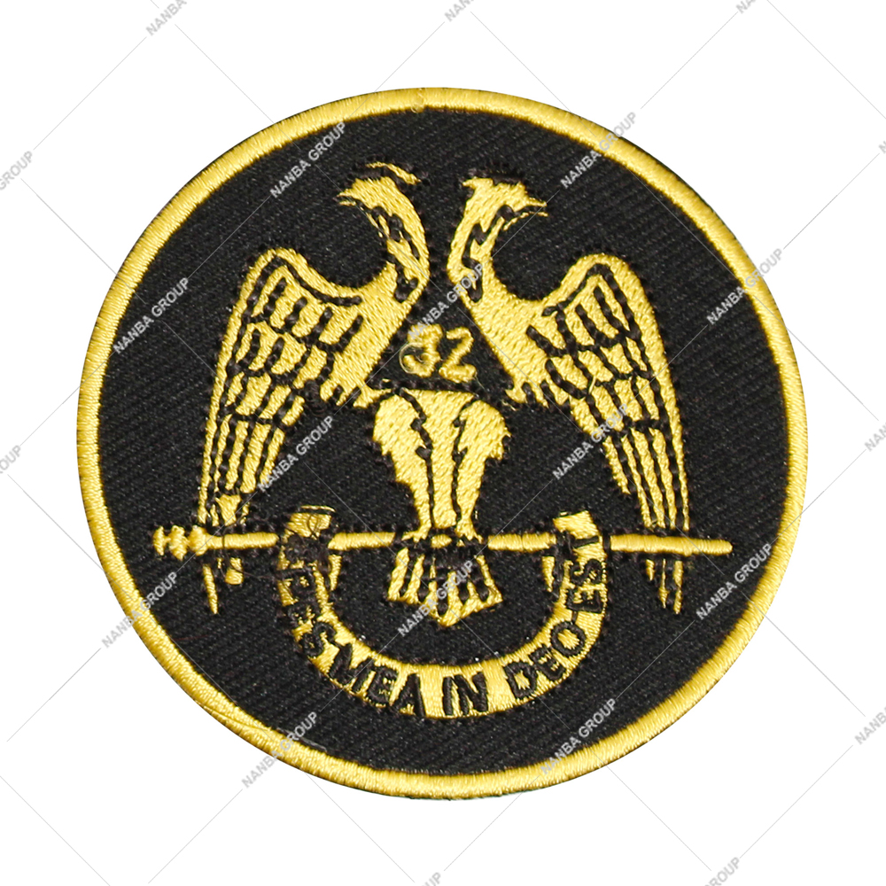 Photo-07 Scottish Rite 32nd Degree Masonic Emblem Patch Gold Double-Headed Eagle On a Black Background with Wings Down