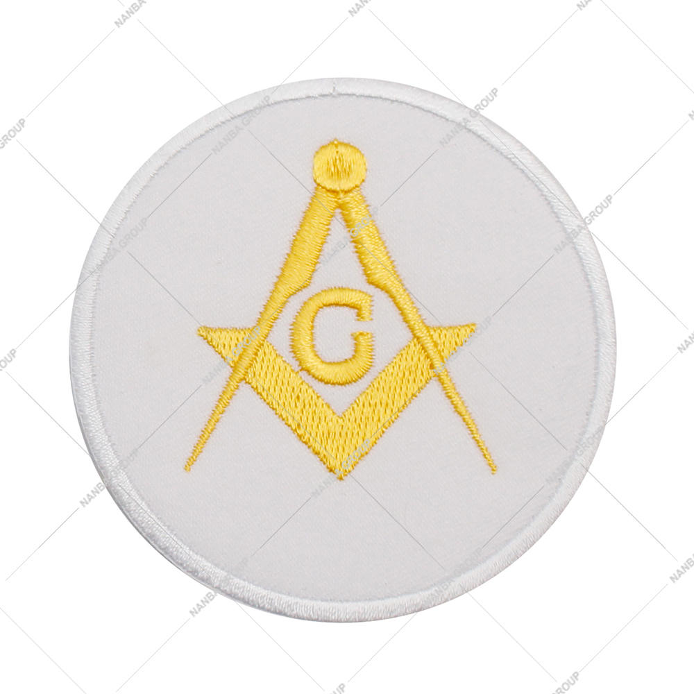 Photo-07 White and Gold Embroidered Patch is The Square & Compass Round Embroidered Masonic Patch