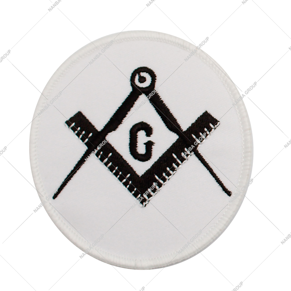 Photo-07 Square & Compass Round Embroidered Patch, Featuring White Background With Black Design