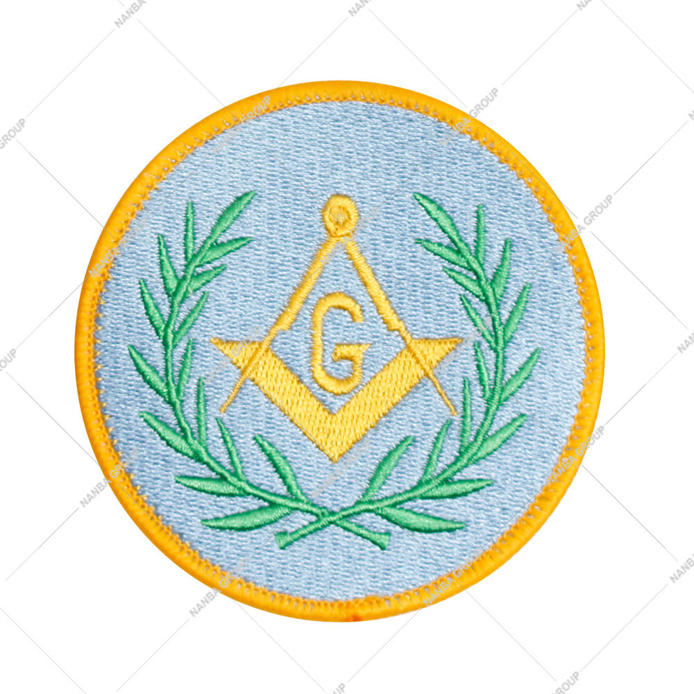 Photo-07 Wreathed Square & Compass Round Embroidered Masonic Patch Light Blue, Green & Gold 3” Diameter