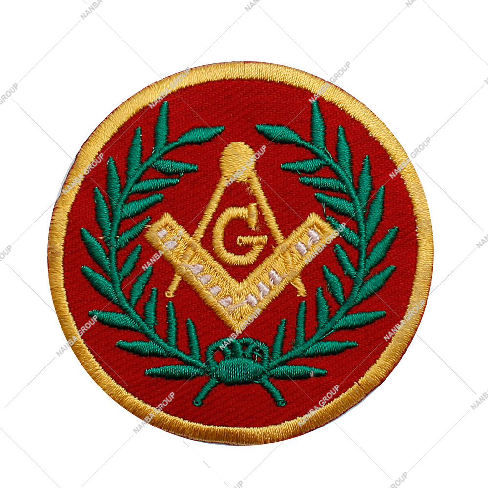 Photo-07 Masonic Square and Compasses Embroidered Patch Featuring Gold Emblem On Red Background Surrounded By Green Laurel Wreath
