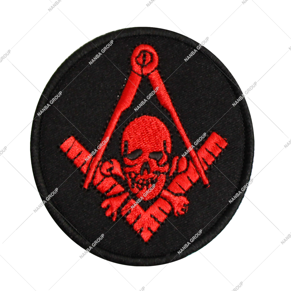 Photo-07 Circular Embroidered Masonic Patch Featuring Red Skull and Crossbones Emblem with Square and Compass on Black Background