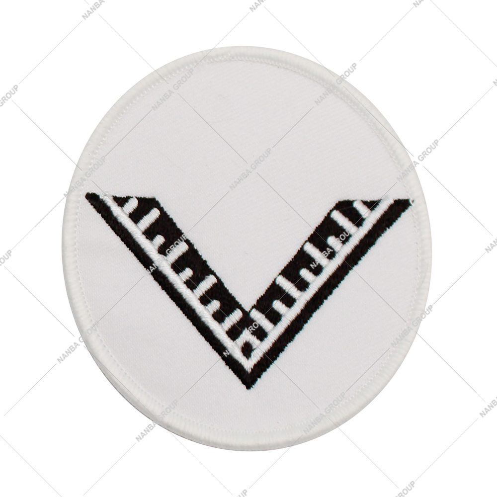 Photo-07 Embroidered Iron-On Canvas Circular Clothing Patch with Black Chevron Geometric Design on White Background for Gifts
