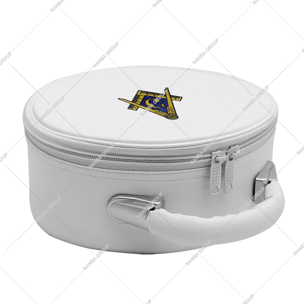 Nanba Group Watermark copy White Imitation Leather Masonic Cap Case Featuring a Gold Embroidered Square and Compasses (G) Emblem