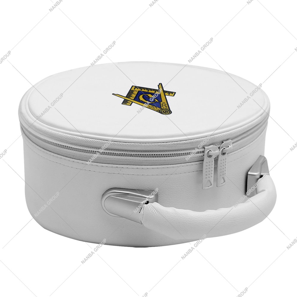 Photo-06 Master Mason Lodge Crown Cap Case – White Imitation Leather With Hand Embroidery Bullion Square and Compasses (G)