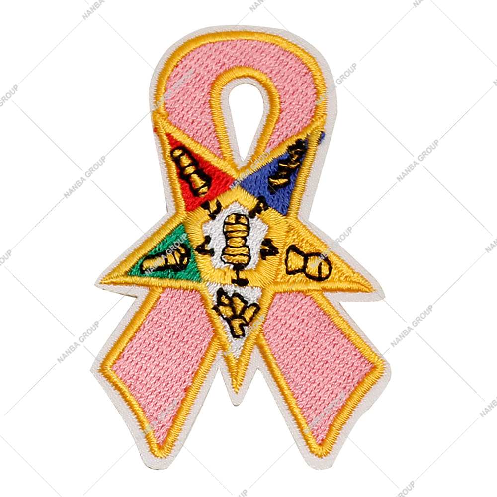 Photo-07 Embroidered Square Iron-On Patch Eastern Star (OES) Breast Cancer Awareness Ribbon Pink Ribbon Overlaid Star Hats Cloth Gifts