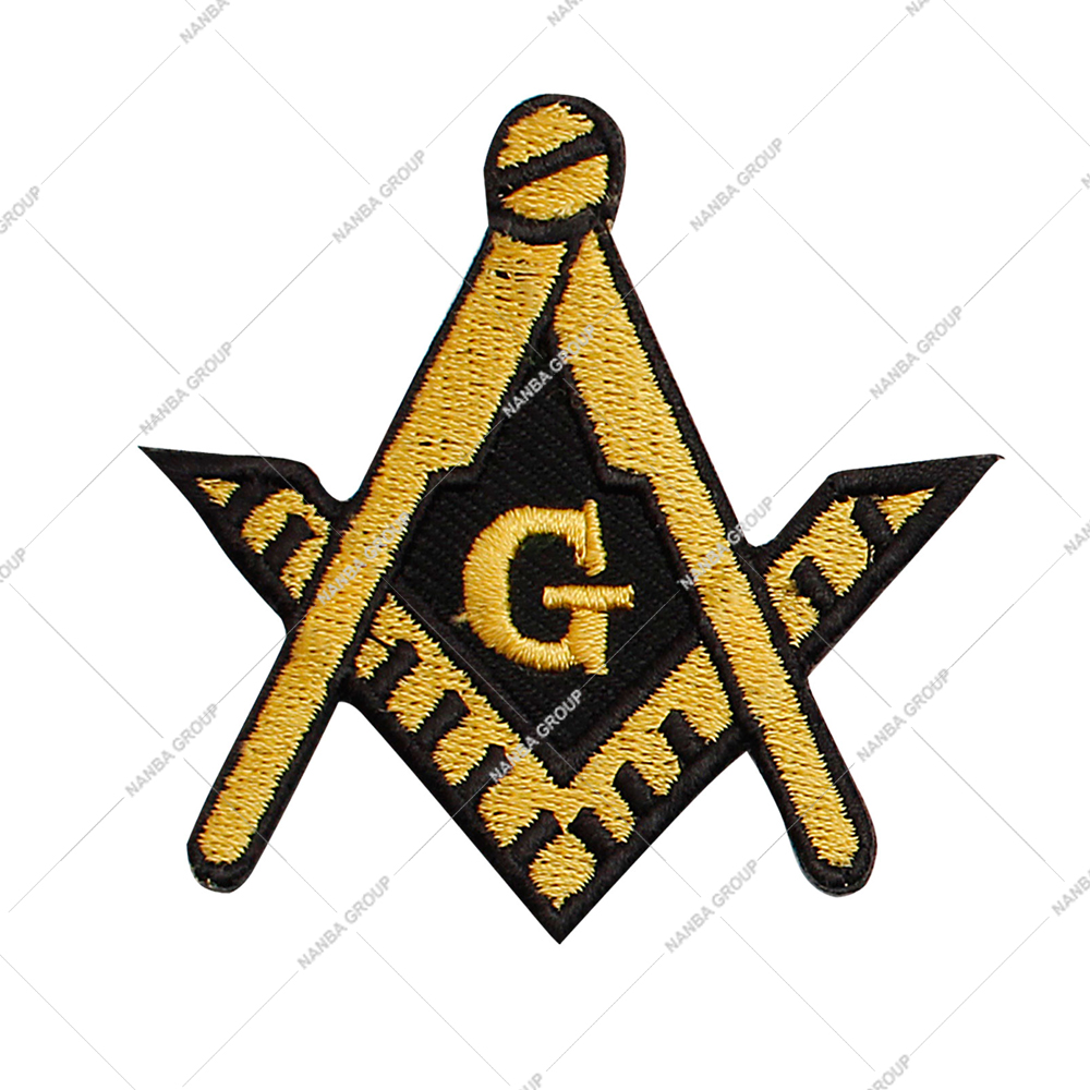 Photo-07 Embroidered Patch Features The Masonic Square And Compasses Emblem, Typically Iron-On For Apparel Or Accessories.