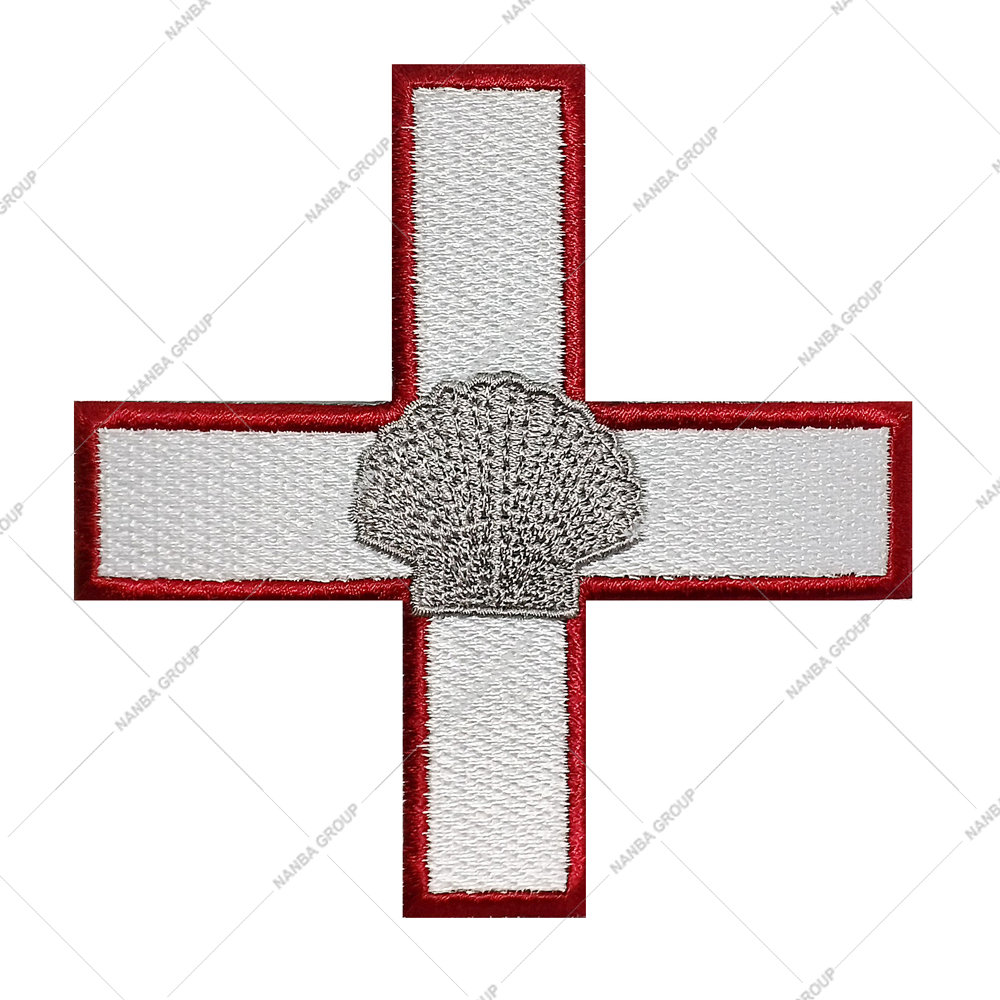 Photo-07 Embroidered Patch Featuring A Silver Scallop Shell Centered On A White Cross With A Red Border