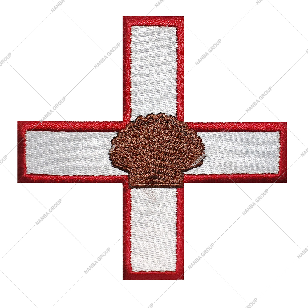 Photo-07 Embroidered Patch Featuring Red And White Cross Adorned With A Brown Seashell Icon
