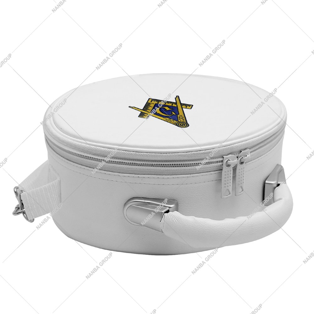 Photo-08 White Imitation Leather Masonic Cap Case Featuring a Gold Embroidered Square and Compasses Emblem