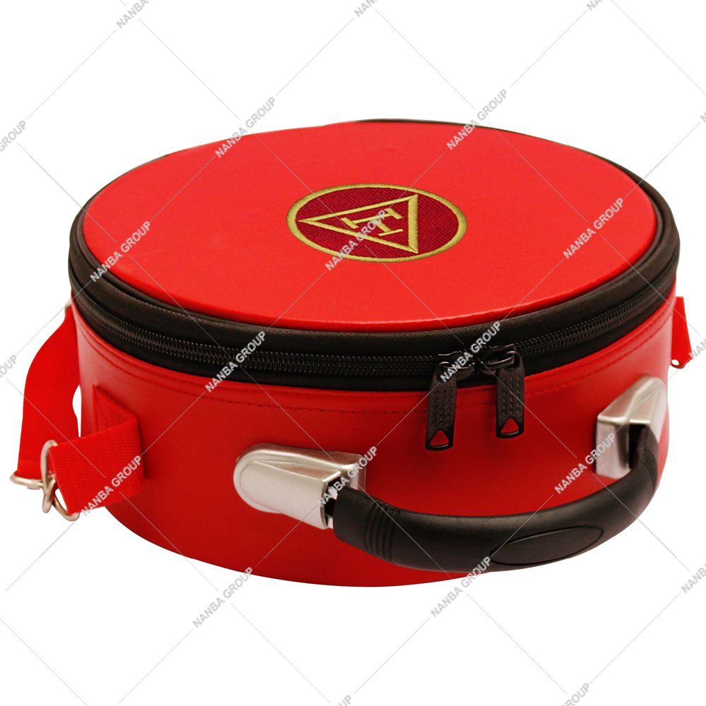 Photo-08 Masonic Royal Arch Chapter Crown Cap Case in Red Imitation Leather With a White Machine-Embroidered Triple Tau Emblem