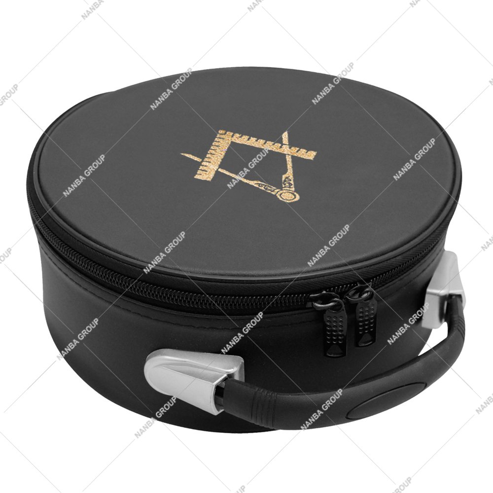 Photo-06 Masonic Cap Crown Case Black Imitation Leather with Gold Embroidered Square and Compass Emblem