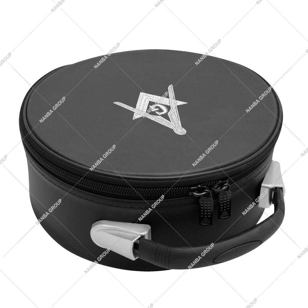 Photo-06 Masonic Cap Crown Case Black Imitation Leather White Hand Embroidery Square & Compass (G)
