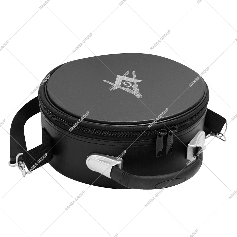 Photo-08 Masonic Cap Crown Case Black Imitation Leather White Hand Embroidery Square & Compass (G) Hat/Cap Storage Box
