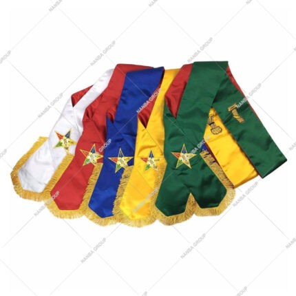 Masonic Order of Eastern Star (OES) complete sash set featuring five satin sashes in different colors, complete with gold fringe and an embroidered star emblem