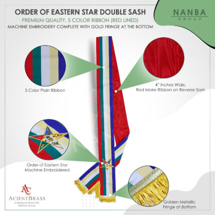 Premium Masonic OES Sash (Red Satin Lining) Embroidered Emblem, Order of Eastern Star Member Sashes – image 2