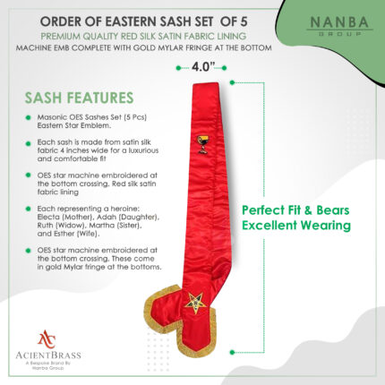 Masonic Order of Eastern Star (OES) complete sash set featuring five satin sashes in different colors, complete with gold fringe and an embroidered star emblem – image 2