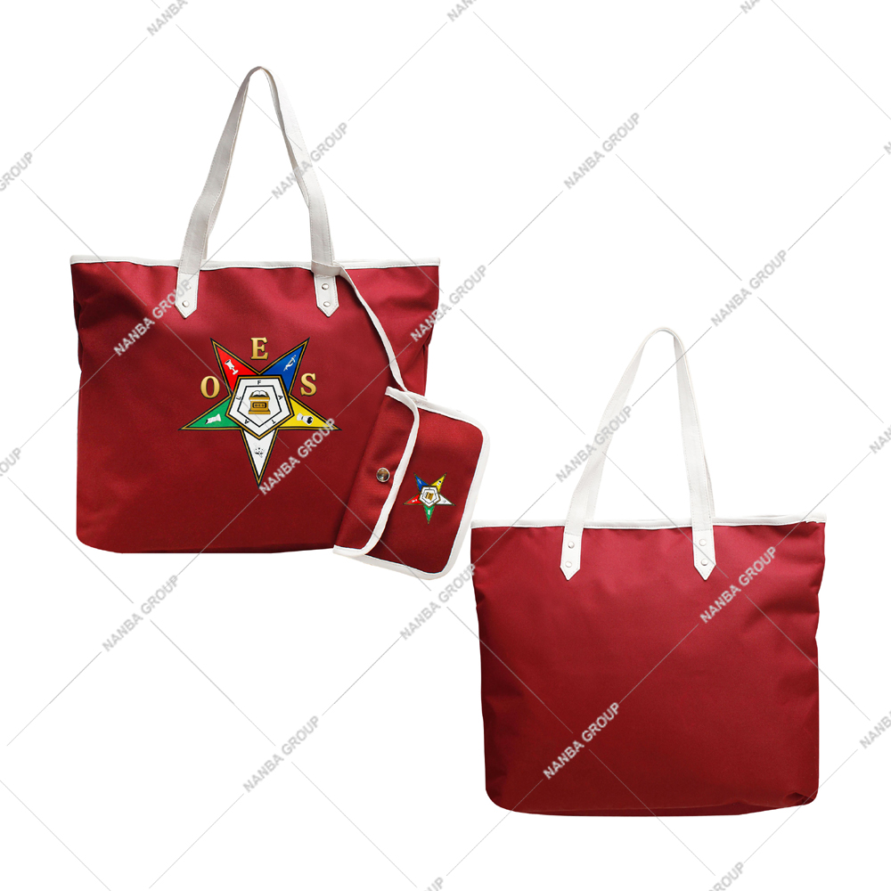 Photo-07 Eastern Star Embroidered Maroon Tote Bag with White Handles Zipper Closure Waterproof Matching Pouch Masonic Shopping Accessory