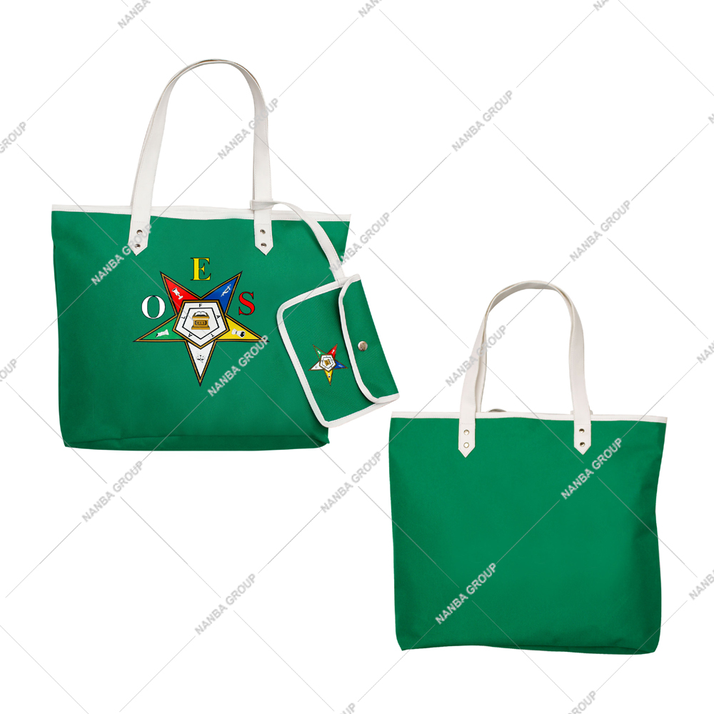 Photo-07 Eastern Star Embroidered Green Waterproof Tote Bag with White Handles Zipper Closure Matching Pouch Fashion Shopping Accessory