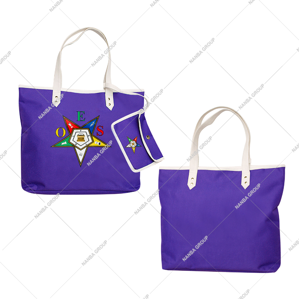 Photo-07 Eastern Star Embroidered Purple Codura Poly-Vinyl Tote Bag White Handles Matching Pouch Zipper Fashion Shopping Accessory