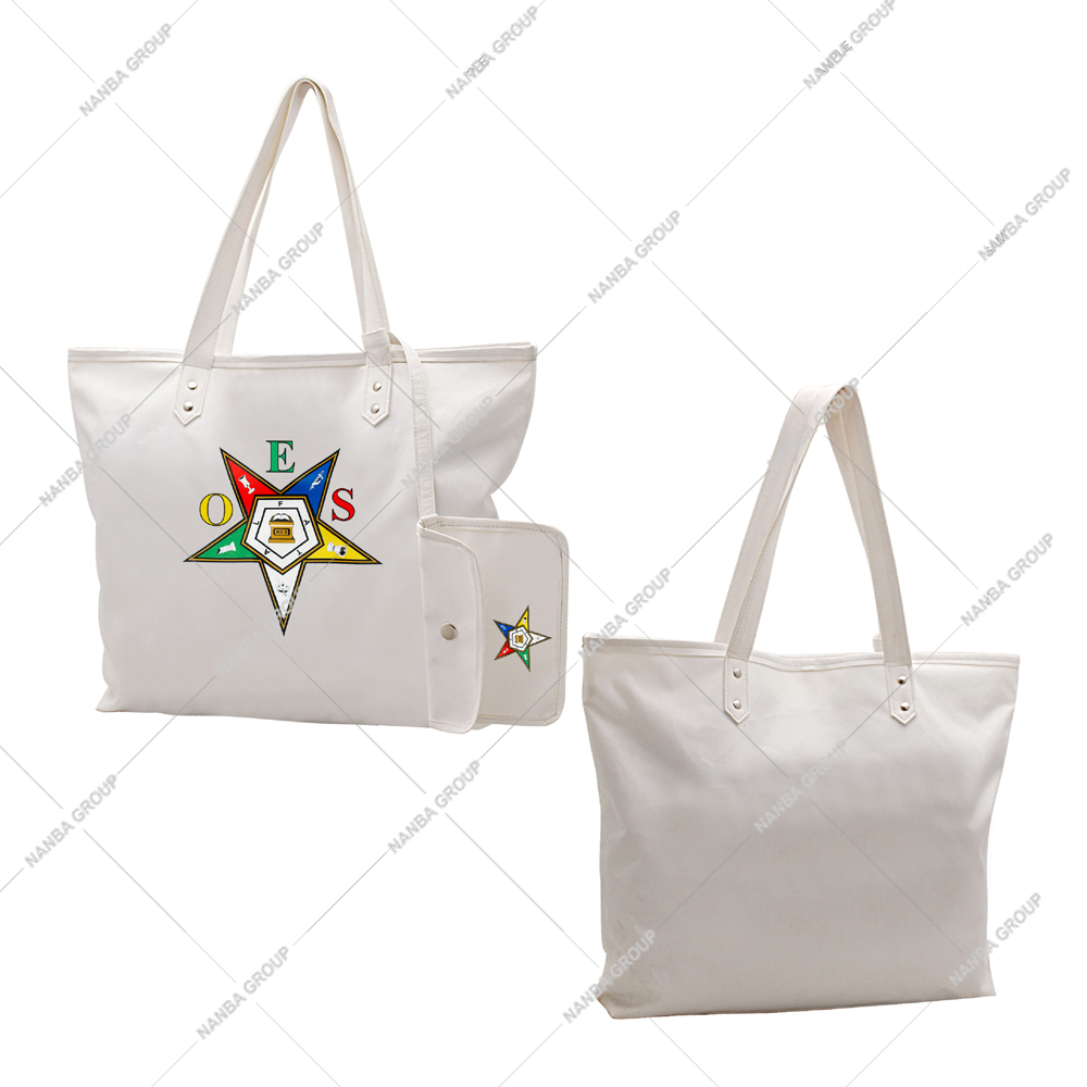 Photo-07 Eastern Star Embroidered Canvas Tote Bag with Zipper Closure Waterproof White Matching Pouch All Seasons Shopping Accessory