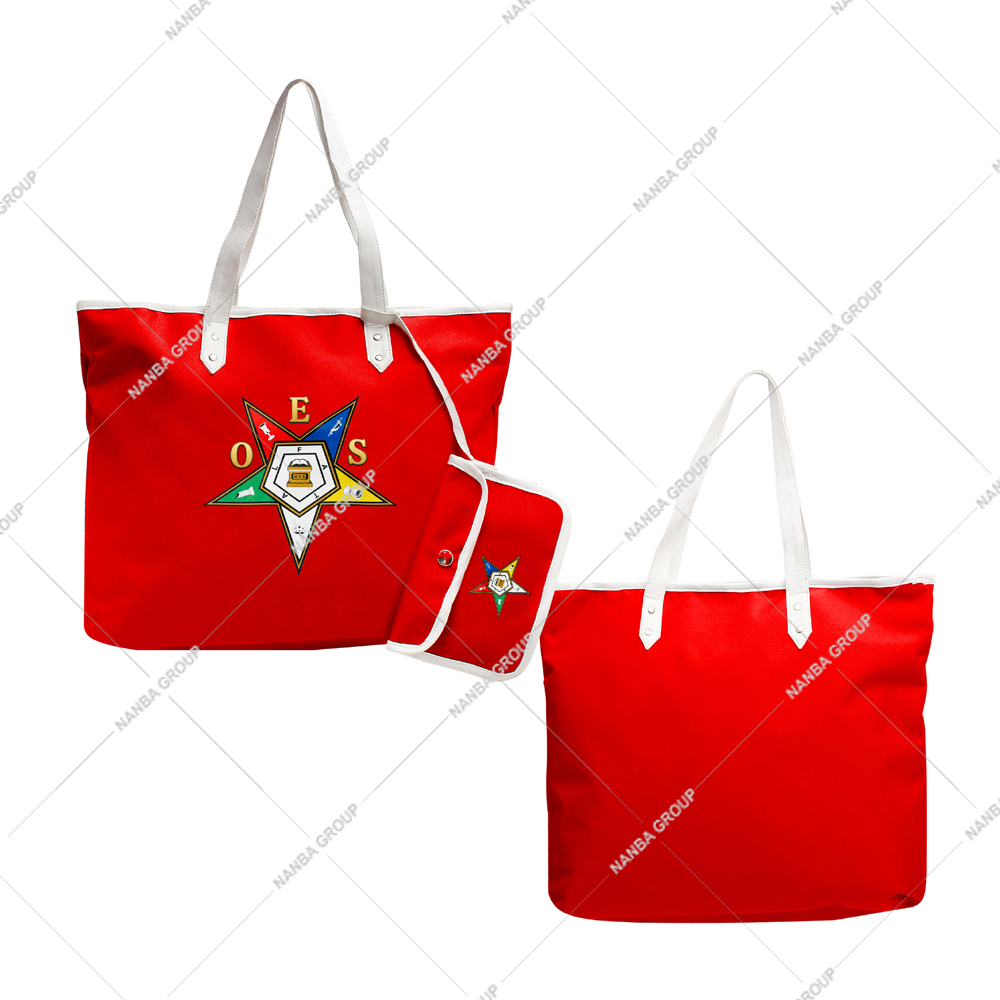 Photo-07 OES Eastern Star Masonic Waterproof Tote Bag Red White Handles Zipper Embroidered Logo Matching Pouch Fashion Shopping Accessory