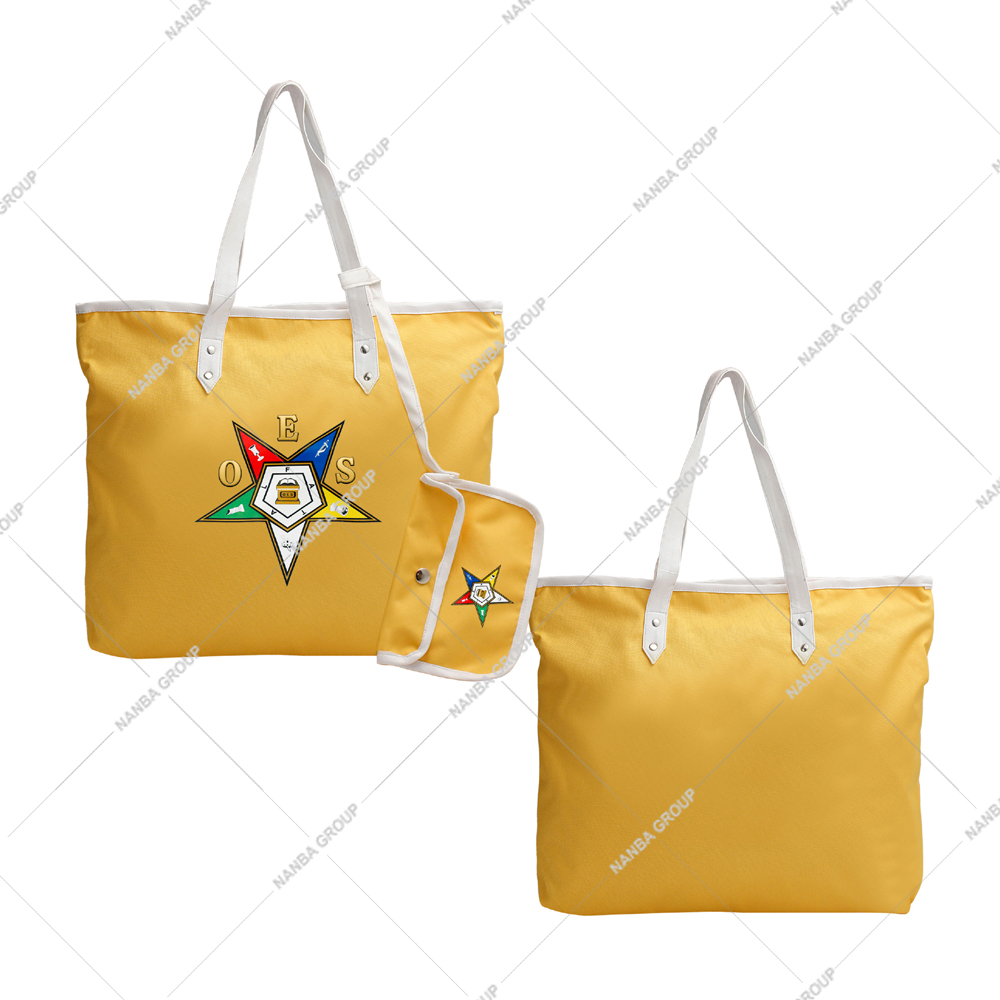 Photo-07 OES Eastern Star Masonic Tote Bag Yellow Codura & Poly-Vinyl Embroidered Design White Handles Waterproof Zipper Closure