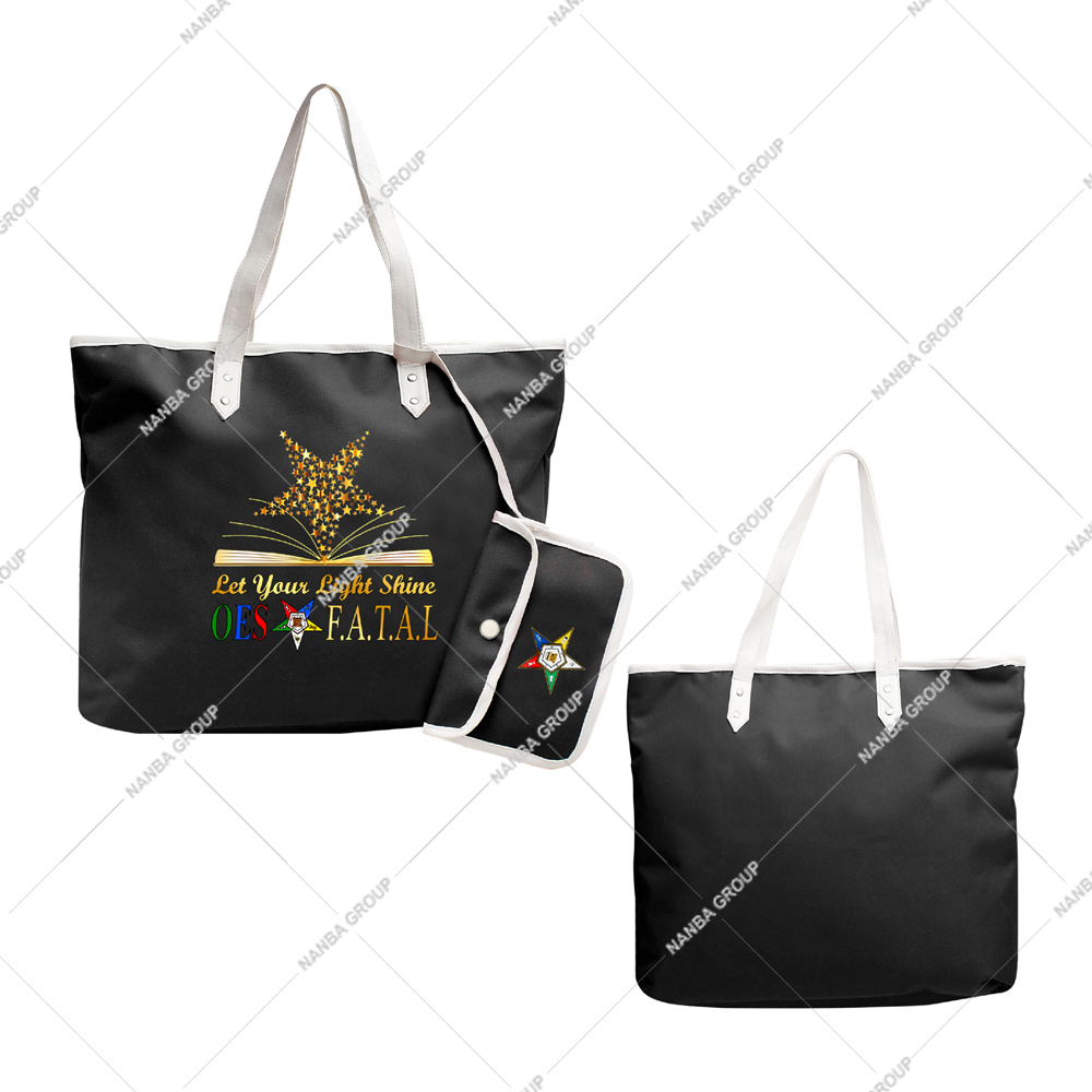 Photo-07 Black Tote Bag Gold Star, The Phrase Let Your Light Shine OES F.A.T.A.L | Custom Made Eastern Star Black Waterproof Tote Bag