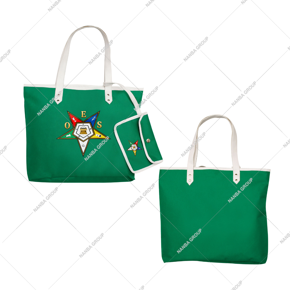 Photo-07 OES Eastern Star Masonic Tote Bag Green Codura & Poly-Vinyl Waterproof Zipper Closure Embroidered Design White Handles Fashion