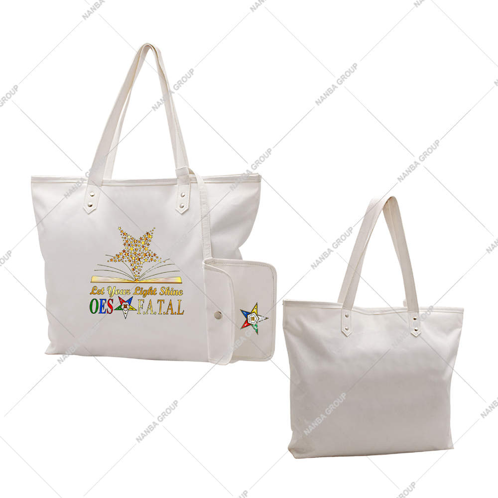 Photo-07 White Waterproof Tote Bag Gold Star Phrase ‘Let Your Light Shine OES F.A.T.A.L’ Zipper Closure | Custom Made Eastern Star Design