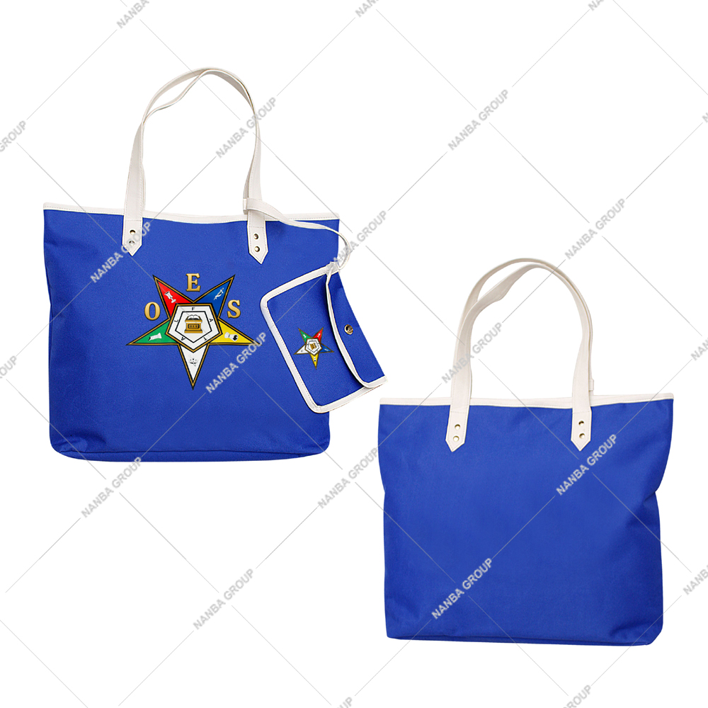 Photo-07 Eastern Star Embroidered Blue Tote Bag with White Handles and Matching Pouch Masonic Shopping Accessory