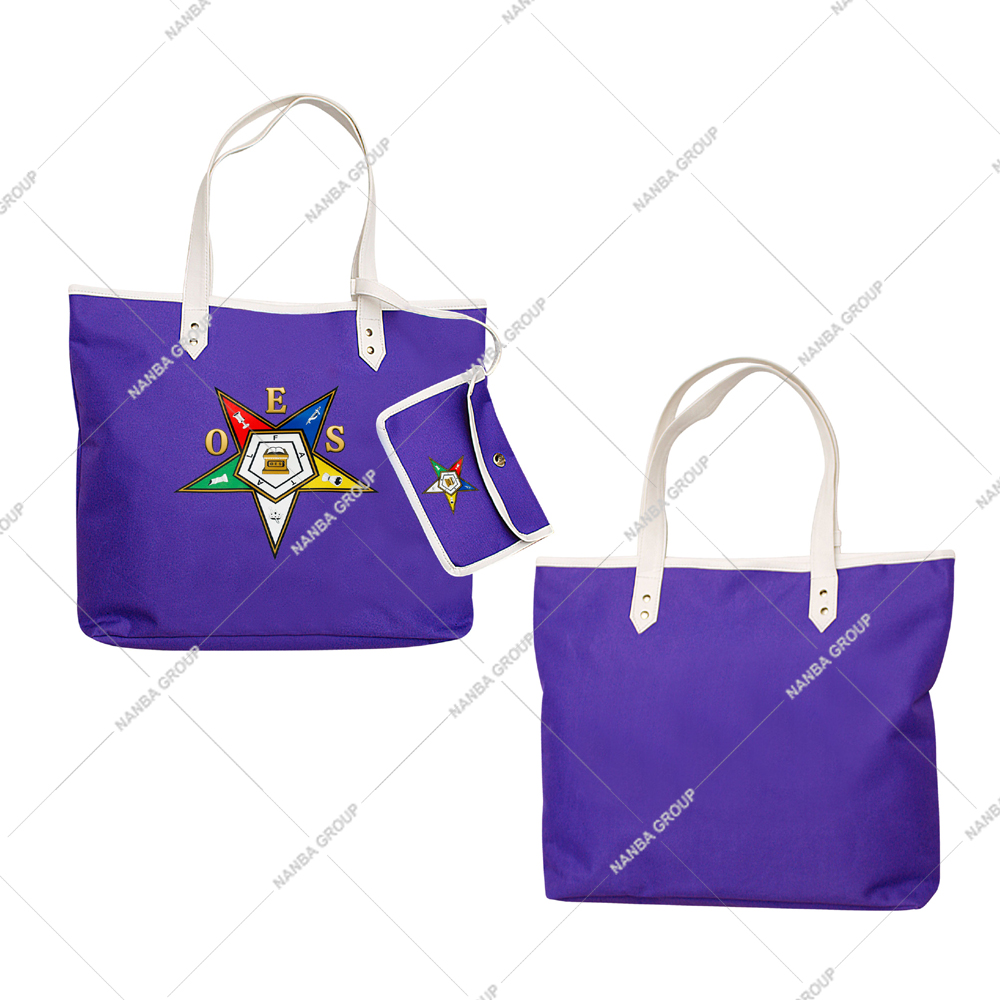 Photo-07 Eastern Star Embroidered Purple Tote Bag with White Handles and Matching Pouch Fashion Shopping Accessory
