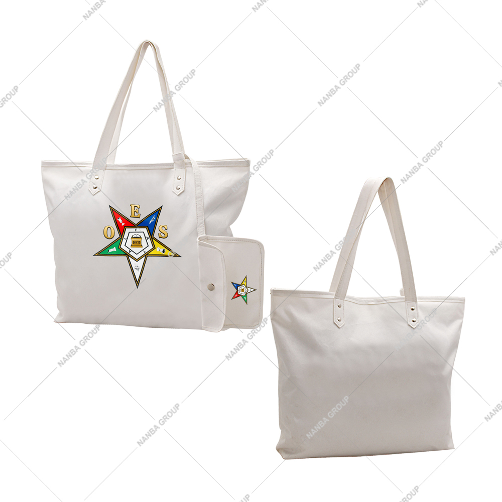 Photo-07 Eastern Star Embroidered Waterproof Canvas Tote Bag Zipper Closure White Handle Matching Pouch All Seasons Shopping Accessory