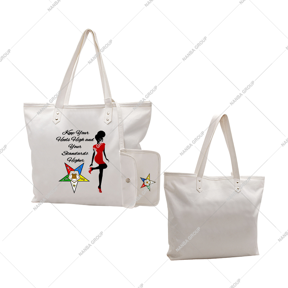 Photo-07 White Star Emblem of Order Eastern Star (OES) (Keep Your Heels High Your Standards Higher) Waterproof Zipper Closure Tote Bag