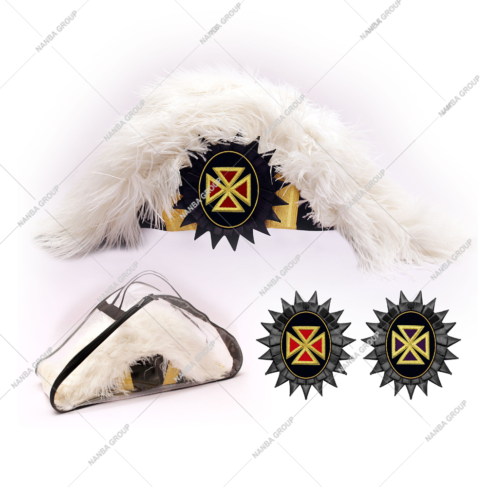 Photo-09 Knights Templar Feather Chapeau Hat Embroidered Rosette Badge Professional Design 100% Ostrich Feathers Imitation Leather