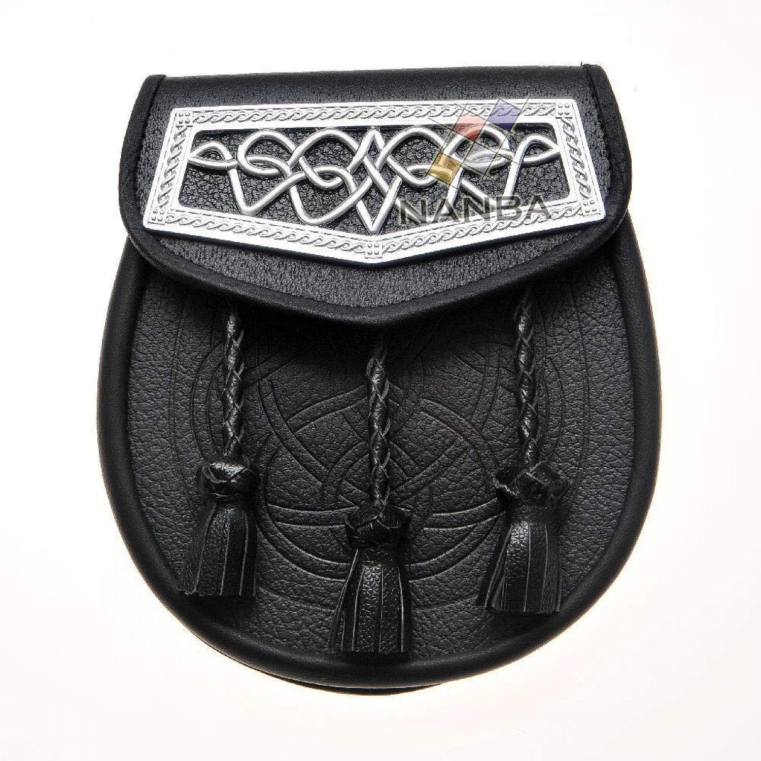 Black Leather Celtic Interweave Plate Embossed Sporran Black Leather Celtic Interweave Plate Embossed Sporran
