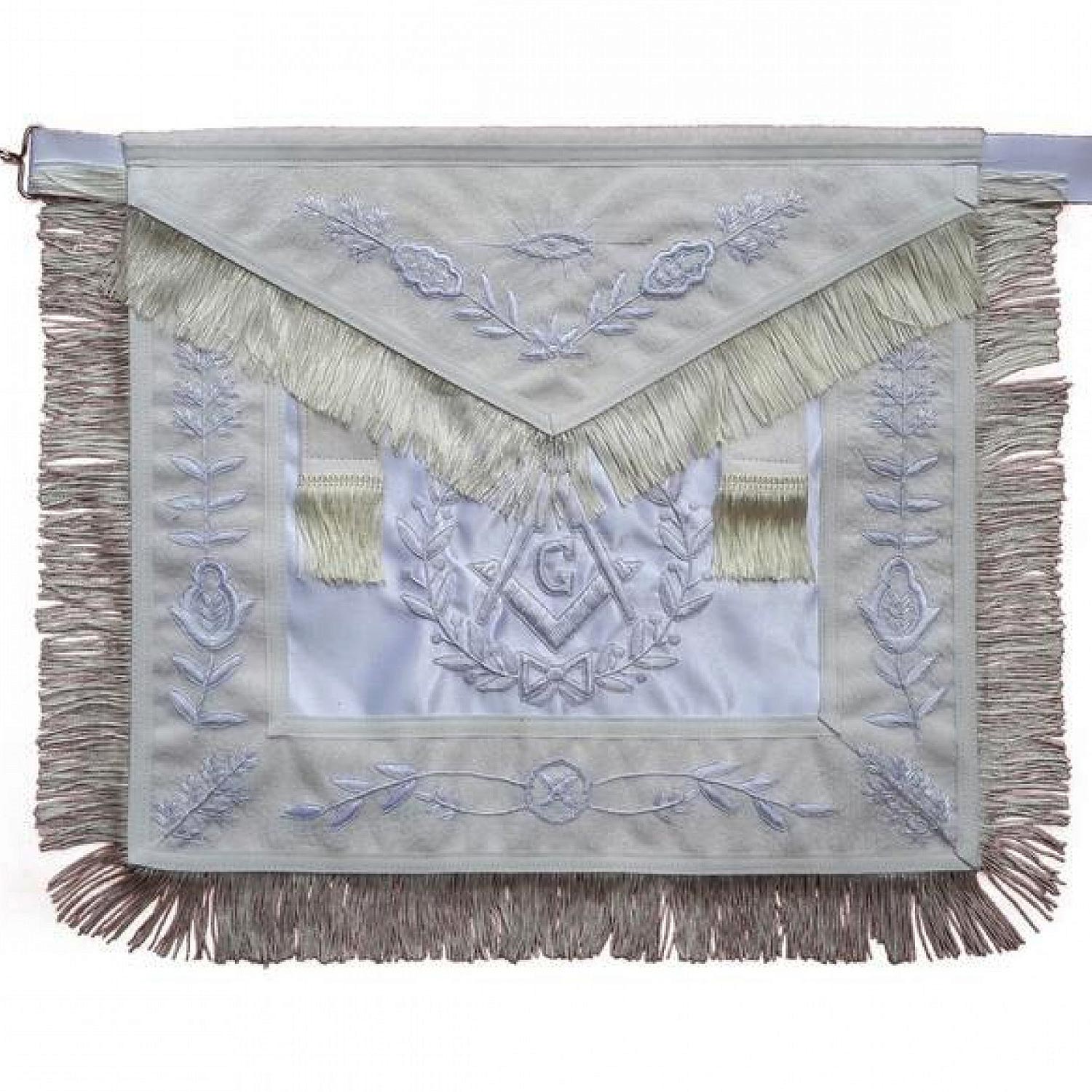 Masonic All White Master Mason Apron With Fringe Masonic All White Master Mason Apron With Fringe