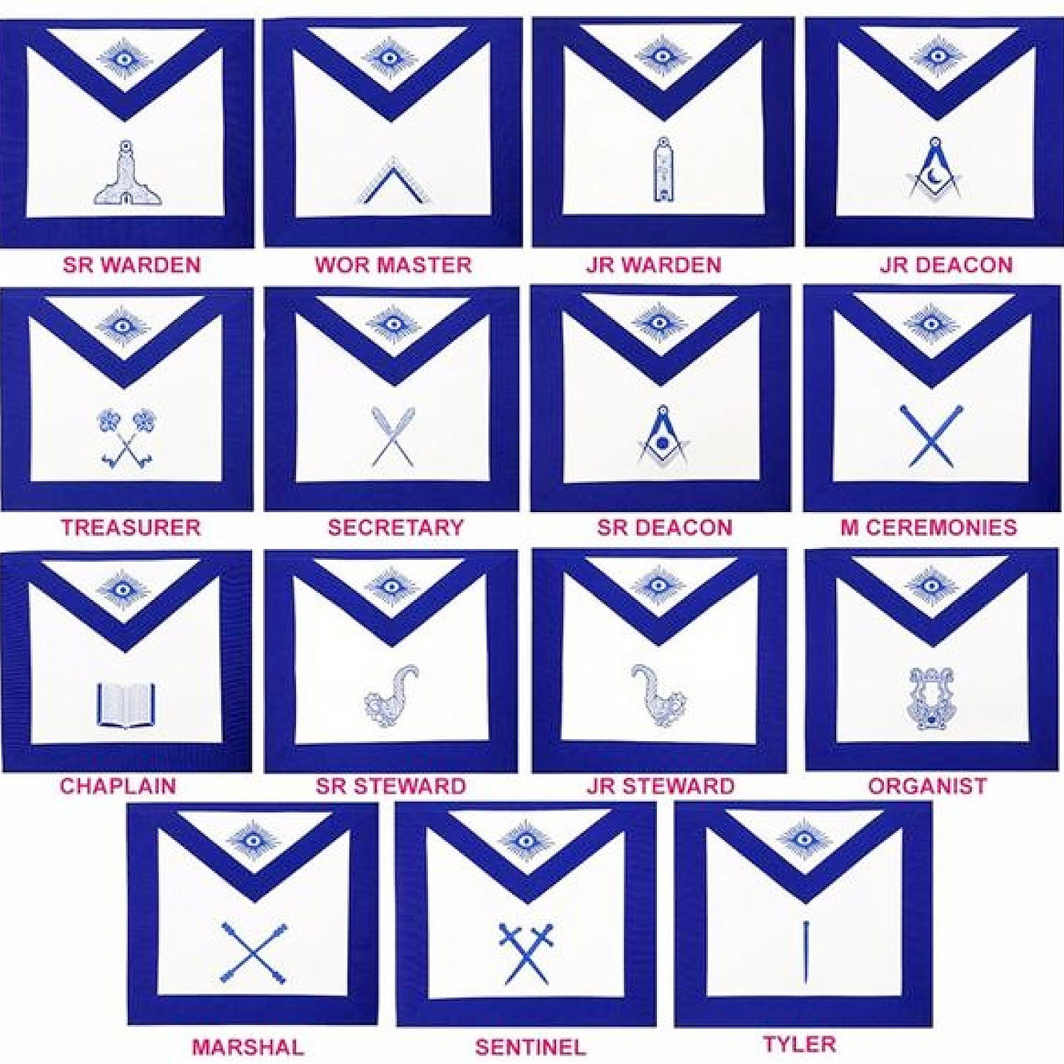 Masonic Blue Lodge Officers Aprons- Set of 15 Aprons Masonic Blue Lodge Officers Aprons- Set of 15 Aprons