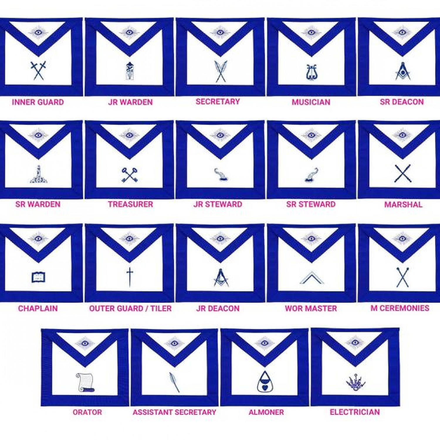 Masonic Blue Lodge Officers Aprons Variations Set of 19 Masonic Blue Lodge Officers Aprons Variations Set of 19