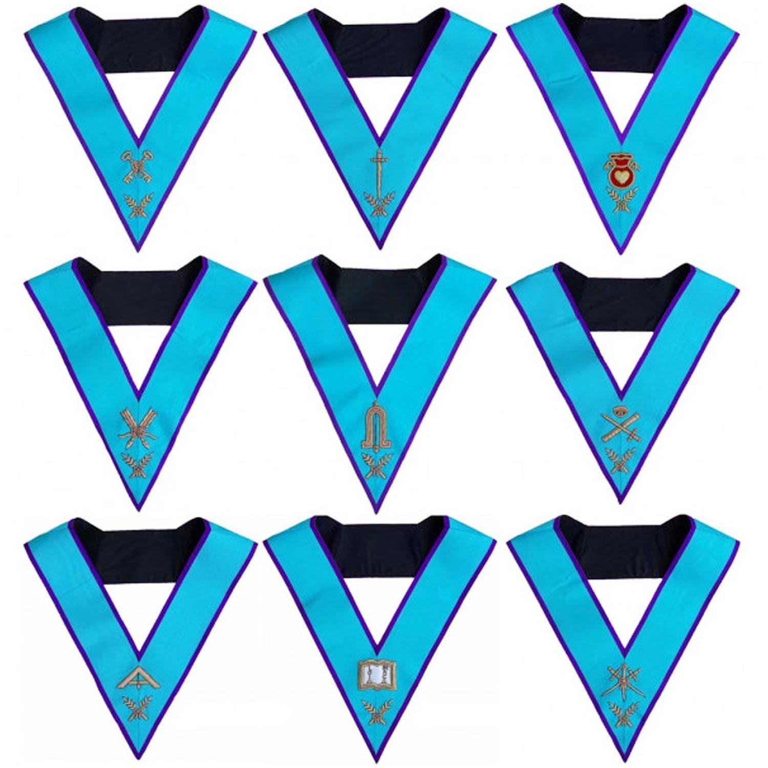 Masonic Memphis Misraim Officer Collars Set Of 9 Hand Embroidered Masonic Memphis Misraim Officer Collars Set Of 9 Hand Embroidered