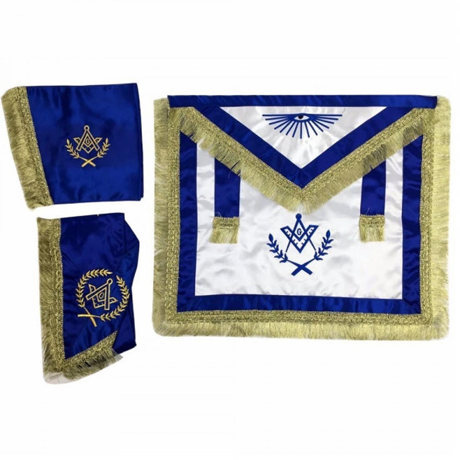 Master Mason Satin Apron Collar gauntlets Set with Fringe Blue Master Mason Satin Apron Collar gauntlets Set with Fringe Blue