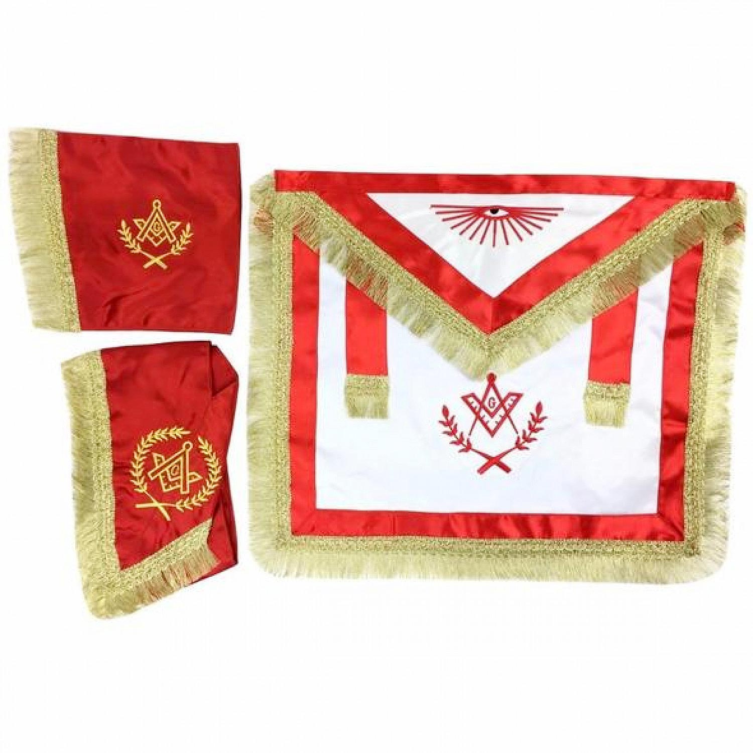 Master Mason Satin/Shiny Apron Collar gauntlets Set with Fringe Red Master Mason Satin/Shiny Apron Collar gauntlets Set with Fringe Red