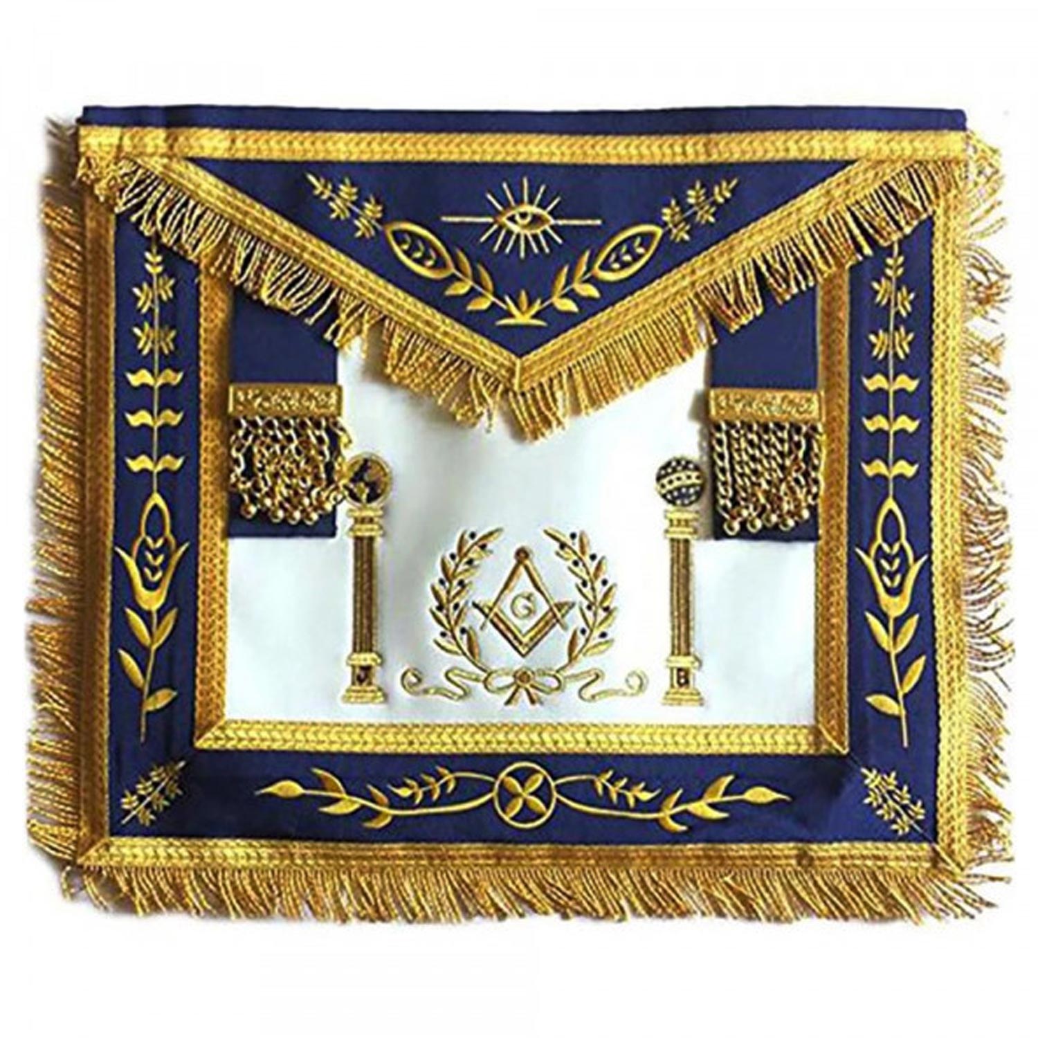 Navy Blue Apron Master Mason Square G & Pillars Freemasons Gold Fringe Navy Blue Apron Master Mason Square G & Pillars Freemasons Gold Fringe