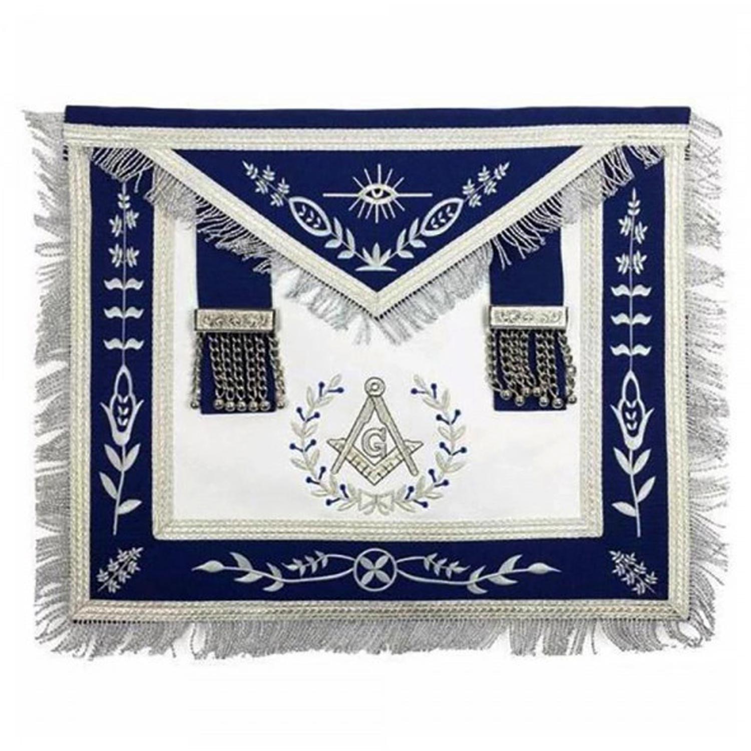 Navy Blue Apron Master Mason Square G & Pillars Freemasons Silver Fringe Navy Blue Apron Master Mason Square G & Pillars Freemasons Silver Fringe