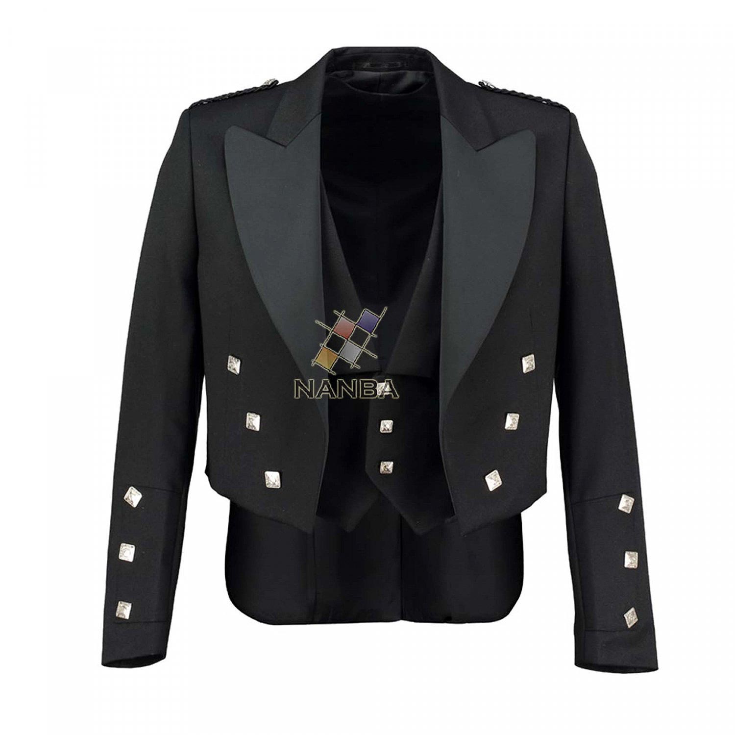 Prince Charlie Jacket | Fancy Black With Silver Braid & White Piping Prince Charlie Jacket | Fancy Black With Silver Braid & White Piping